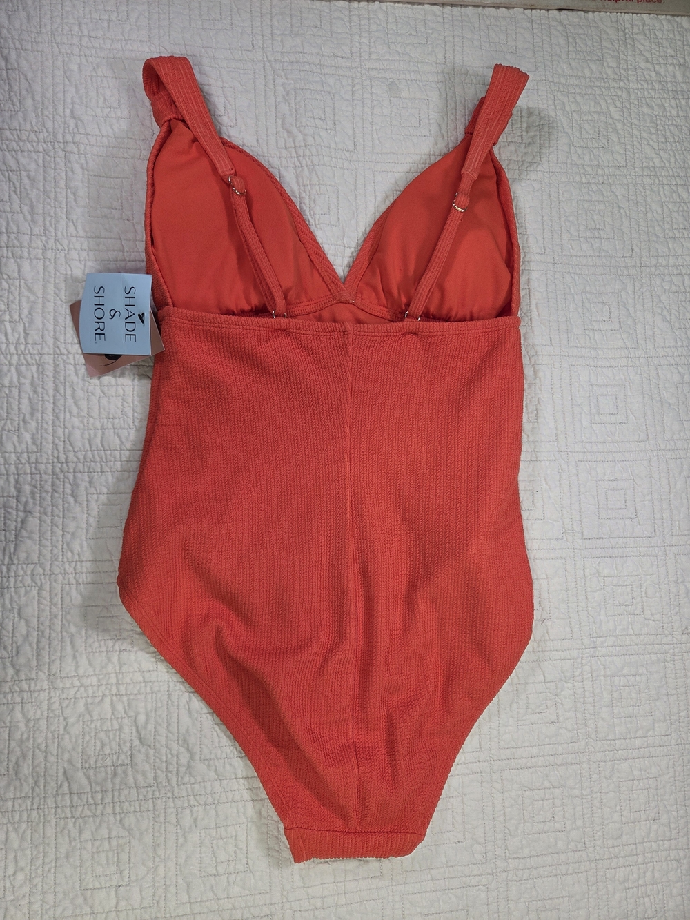 NWT Shade & Shore Orange Textured Ribbed V-Neck One-Piece Swimsuit Size M - Picture 3 of 13